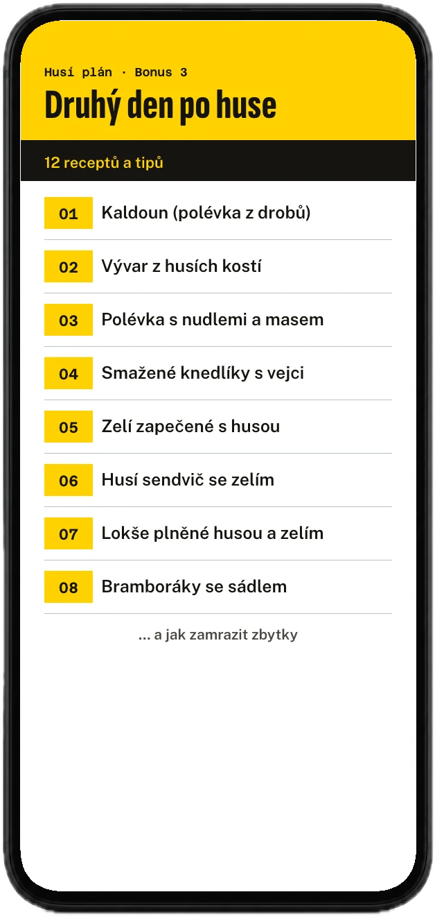 Seznam receptů na druhý den po huse, zobrazený v mobilu